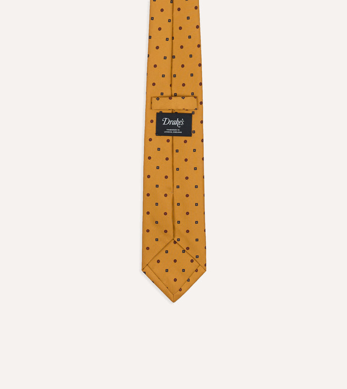 Mustard Flowers and Diamonds Print Silk Self Tipped Tie