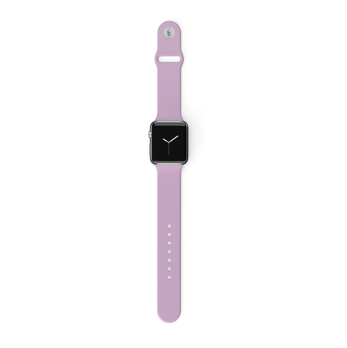 A smartwatch with a square black screen and the Coconut Lane NAKD Apple Watch Strap in Lavender Lilac. The strap features multiple holes for adjustable fitting and a metal clasp. The watch face displays a minimalistic design with two clock hands, standing out vividly against a white background.