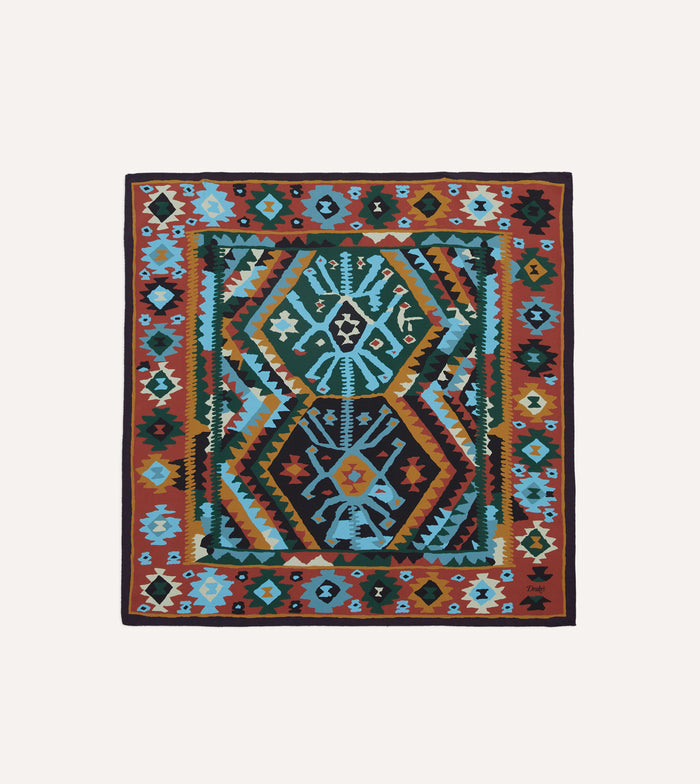 Navy and Yellow Kilim Print Silk Bandana