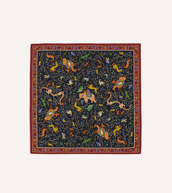 Navy Animals and Flowers Print Silk Bandana