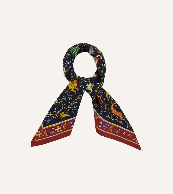 Navy Animals and Flowers Print Silk Bandana