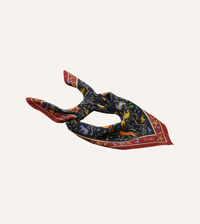 Navy Animals and Flowers Print Silk Bandana