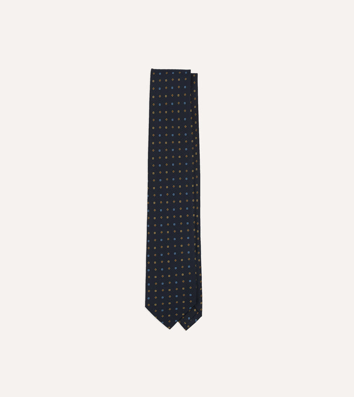 Navy Geometric Flower Print Silk Self-Tipped Tie