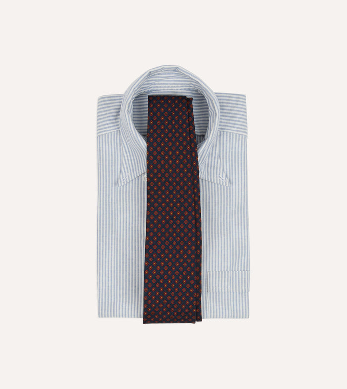 Navy Square Flower Print Silk Self-Tipped Tie