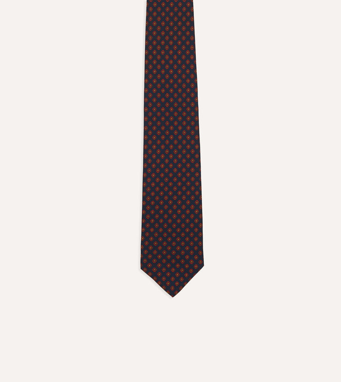 Navy Square Flower Print Silk Self-Tipped Tie