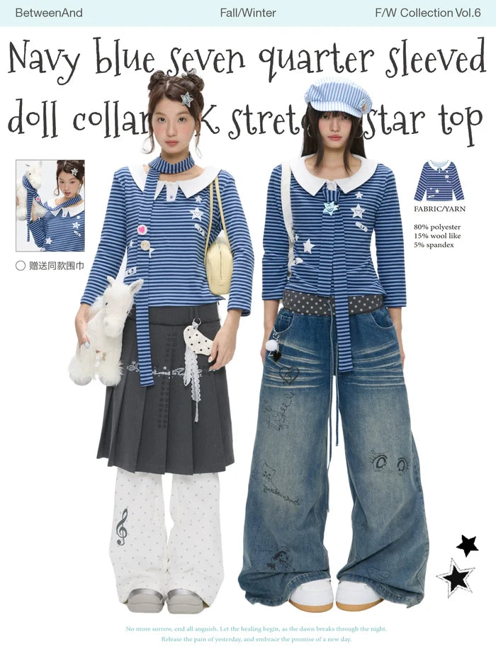 Navy star-pattern puff-sleeve top with peter pan collar
