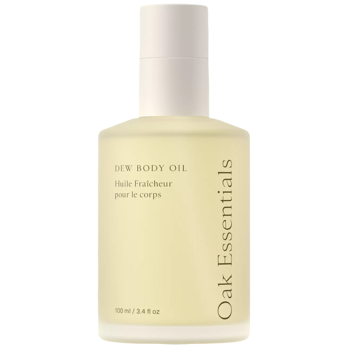 oak essentials body oil, dew body oil, luxury body oil, hydrating body oil, non greasy body oil, clean body care, glowing skin oil, citrus woodsy body oil