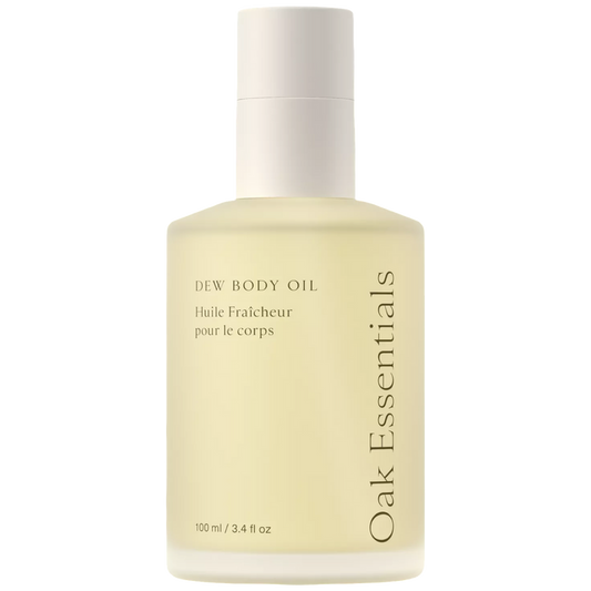 oak essentials body oil, dew body oil, luxury body oil, hydrating body oil, non greasy body oil, clean body care, glowing skin oil, citrus woodsy body oil