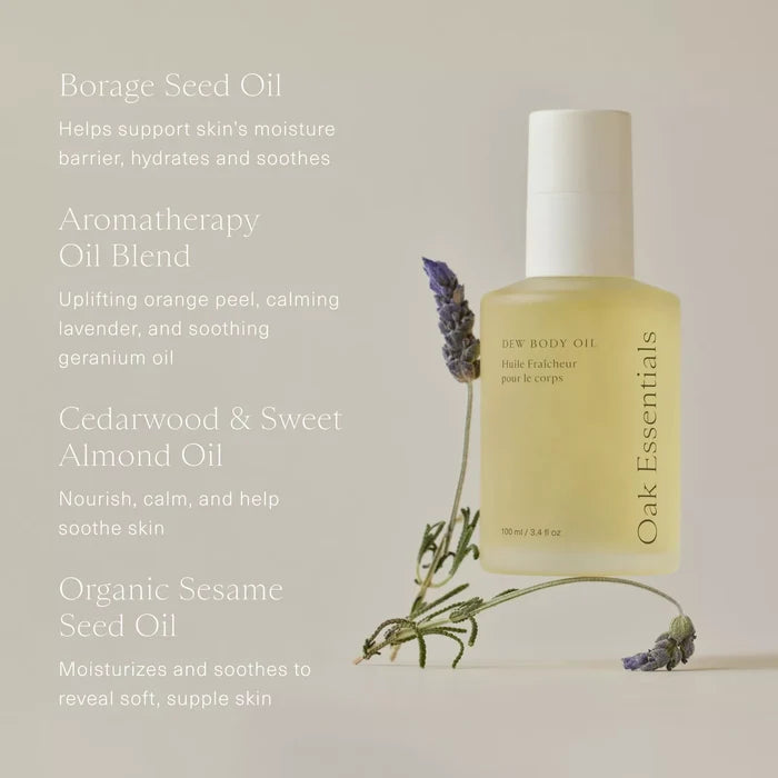 oak essentials body oil, dew body oil, luxury body oil, hydrating body oil, non greasy body oil, clean body care, glowing skin oil, citrus woodsy body oil