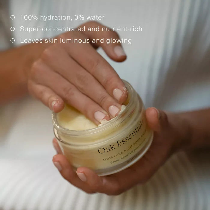 oak essentials body balm, moisture rich body balm, luxury body care, blue tansy skincare, ultra hydrating body balm, clean beauty body care, sensitive skin body balm, award winning body care