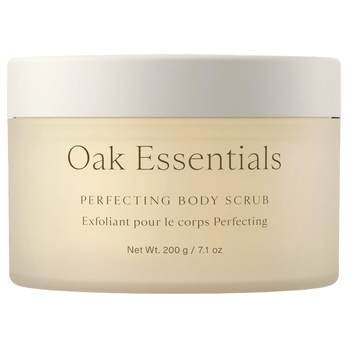 oak essentials body scrub, perfecting body scrub, luxury body exfoliator, sugar body scrub, hydrating body scrub, clean body care, spa body scrub, gentle exfoliating scrub