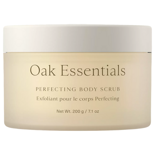 oak essentials body scrub, perfecting body scrub, luxury body exfoliator, sugar body scrub, hydrating body scrub, clean body care, spa body scrub, gentle exfoliating scrub