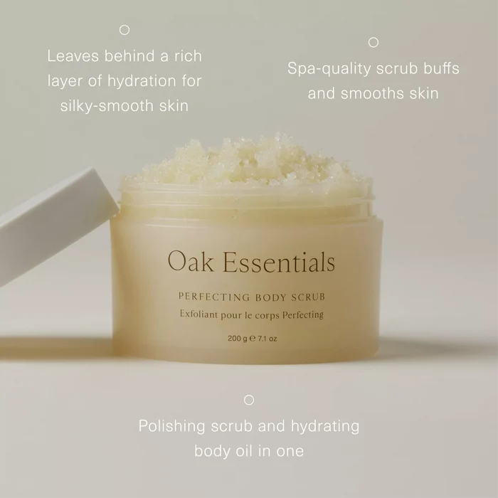 oak essentials body scrub, perfecting body scrub, luxury body exfoliator, sugar body scrub, hydrating body scrub, clean body care, spa body scrub, gentle exfoliating scrub