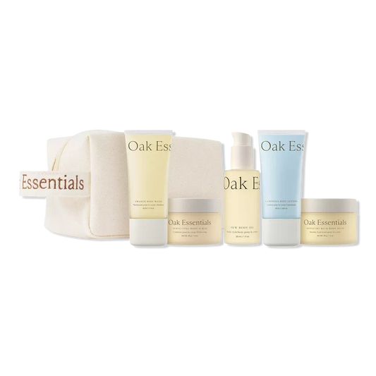 oak essentials travel set, travel body routine, luxury body care set, clean skincare travel, blue tansy body lotion, hydrating body oil, body scrub set, giftable skincare, oak essentials gift