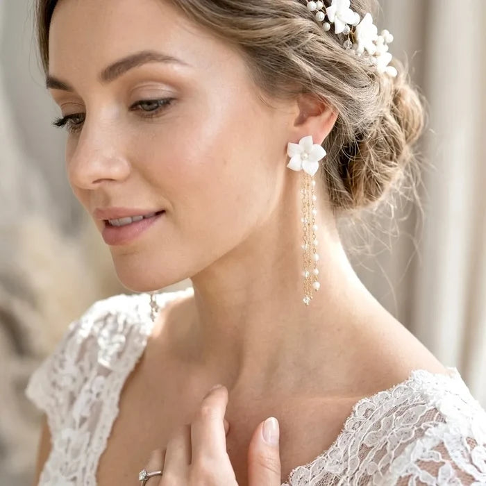Bohemian Ceramic Flower Bridal Earrings with Removable Pearl Drops