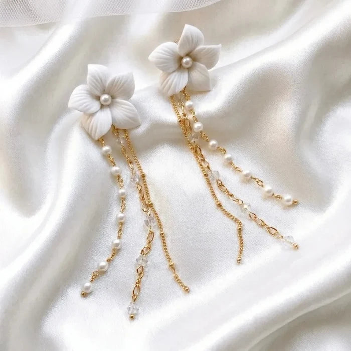 Bohemian Ceramic Flower Bridal Earrings with Removable Pearl Drops