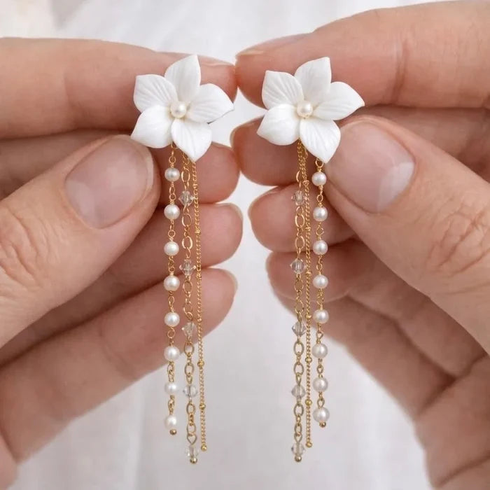 Bohemian Ceramic Flower Bridal Earrings with Removable Pearl Drops