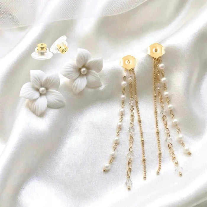 Bohemian Ceramic Flower Bridal Earrings with Removable Pearl Drops