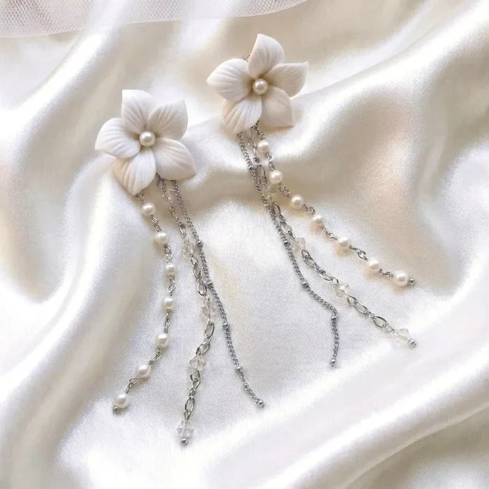 Bohemian Ceramic Flower Bridal Earrings with Removable Pearl Drops
