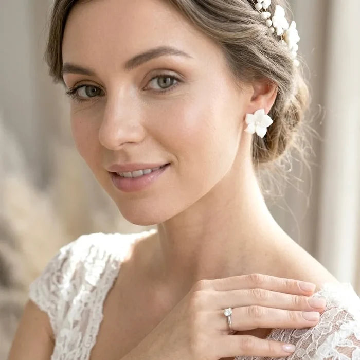 Bohemian Ceramic Flower Bridal Earrings with Removable Pearl Drops
