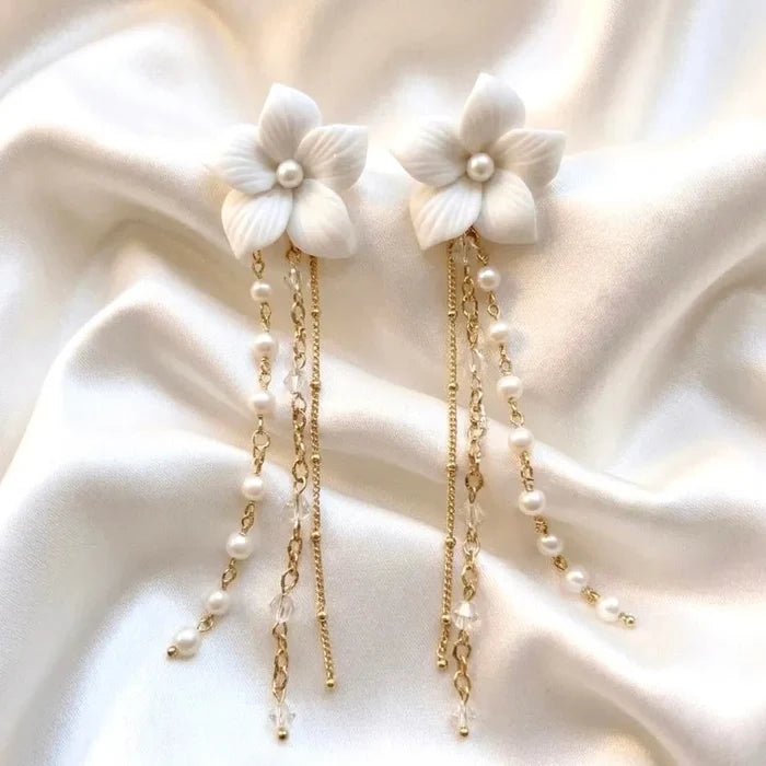 Bohemian Ceramic Flower Bridal Earrings with Removable Pearl Drops