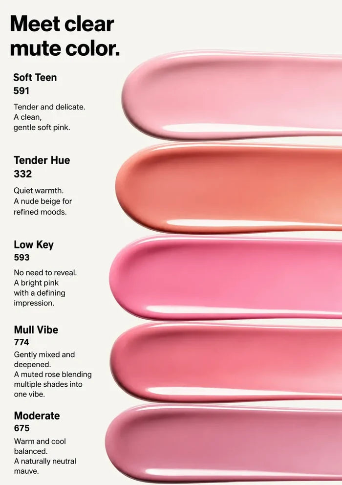 A cosmetic shade guide graphic with four pink-peach lipstick swatches labeled Soft Teen, Tender Hue, Low Key, and Mull Vibe, each with a shade number and descriptive text on a light gray background.