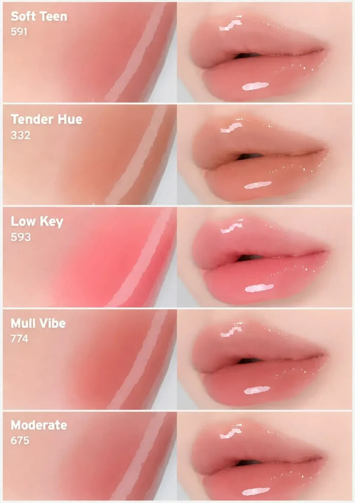 Six lip color swatches arranged in two columns, each labeled with a shade name and number: Soft Teen 591, Tender Hue 332, Low Key 593, Mull Vibe 774, and Moderate 675. The left column shows glossy lip swatches in peachy pink tones, and the right column shows corresponding lips wearing the shade.
