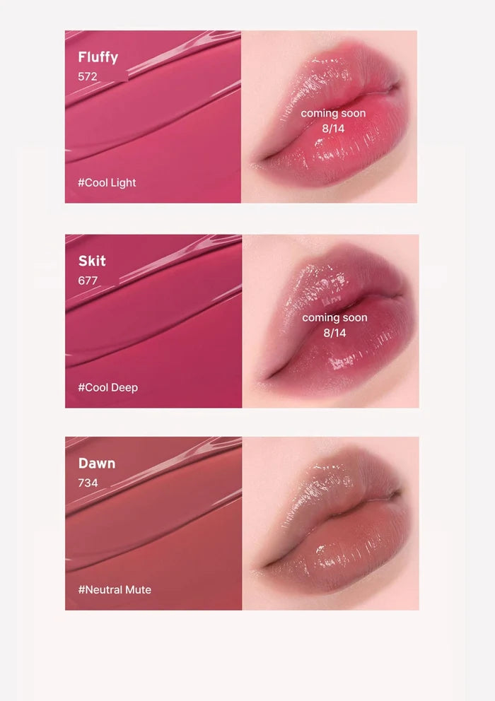 Lipstick shades 'Fluffy', 'Skit', and 'Dawn' with swatches and close-up of lips wearing the product.