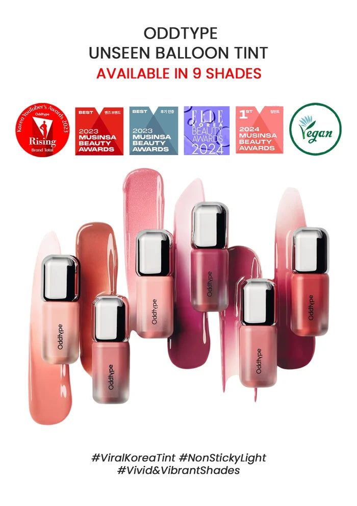 Collection of lip tint products with brand logos and awards on a white background