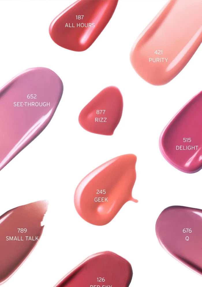 Collection of pink lip gloss shades with color codes on a white background