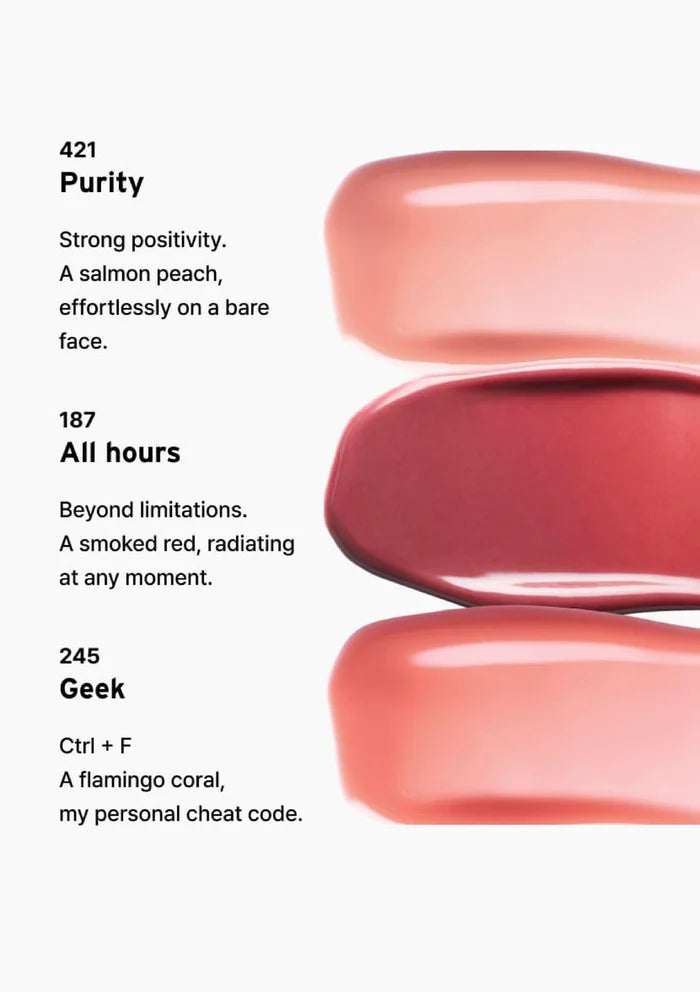 Three lipsticks with names and descriptions on a white background