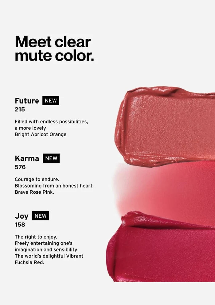 Lipstick swatches with text describing color names and descriptions on a white background