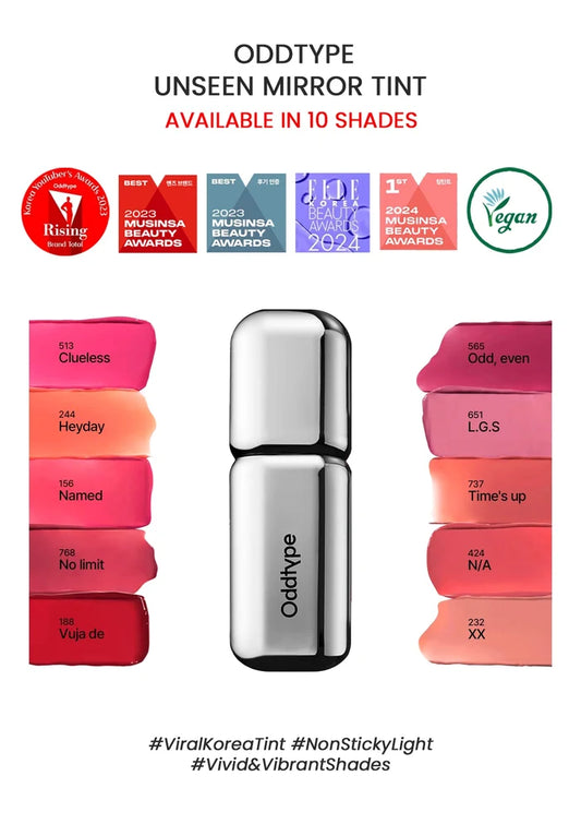 Oddtype unseen mirror tint with product and color swatches on a white background