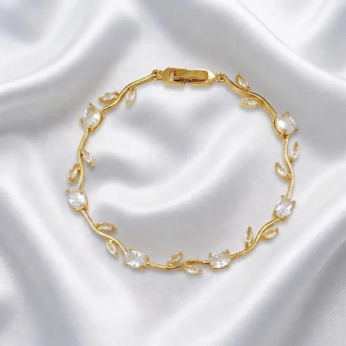 Delicate CZ Bridal Bracelet with Vine Design - Silver & Gold
