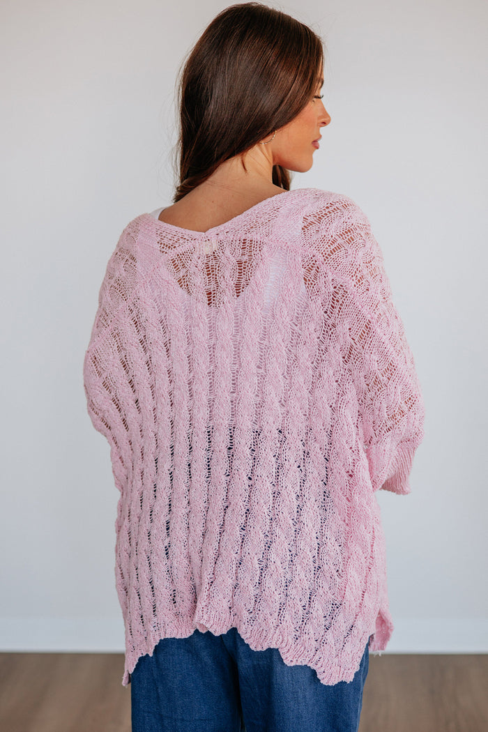 Old Rose Hollowed Pattern Knit Drop Shoulder Open Sweater Cardigan 🇺🇸