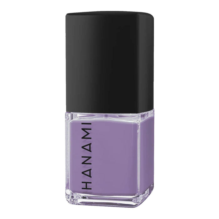 Purple nail polish bottle with black cap on a white background.