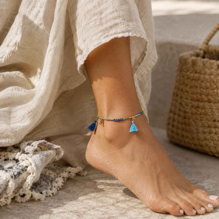 Penelope Turquoise Beaded Tassel Anklet | Handmade - Thailand