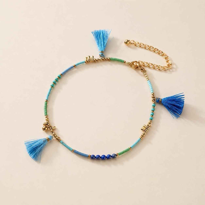 Penelope Turquoise Beaded Tassel Anklet | Handmade - Thailand