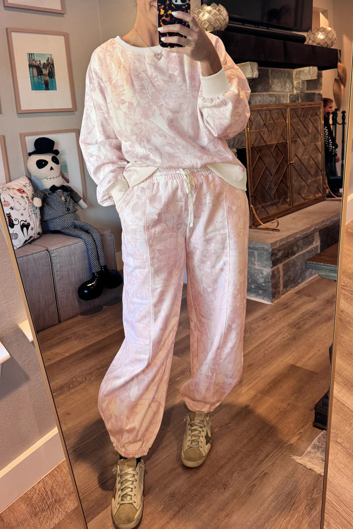 Pink Abstract Print Drop Shoulder Drawstring Waist Drawstring Hem Pant Set 🇺🇸
