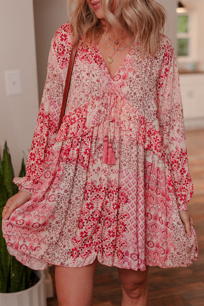 Pink Bohemian Floral Print Tassel Tie Long Sleeve Flowy Mini Dress 🇺🇸