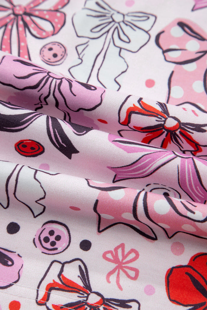 Pink Cute Ribbon Bows Printed Shirt Style 2pcs Short Pajama Set 🇺🇸