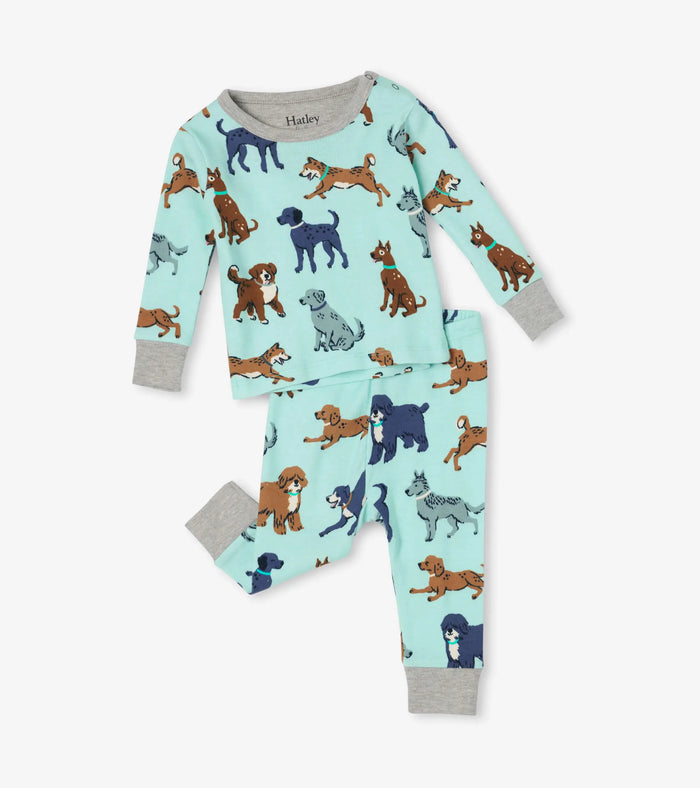 Hatley baby boy Playful Puppies organic cotton pajama set in Aqua/Gray with long sleeves and matching pants.
