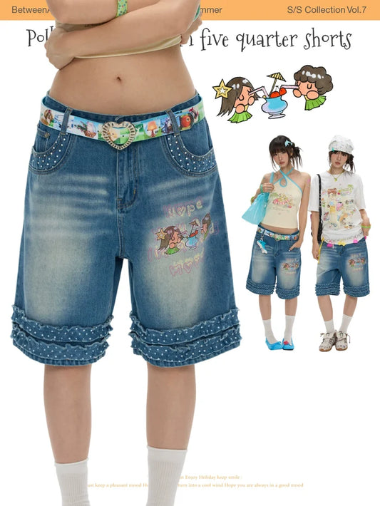 Polka dot lace denim five quarter short pants