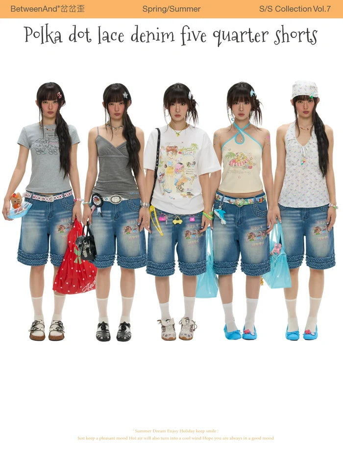 Polka dot lace denim five quarter short pants