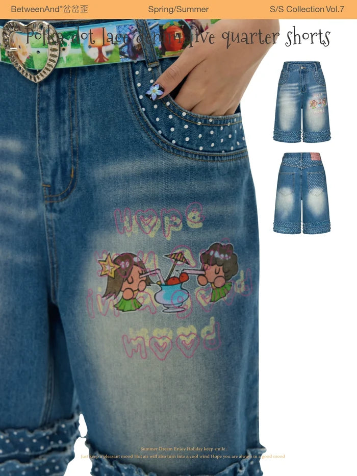 Polka dot lace denim five quarter short pants