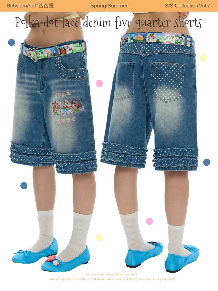 Polka dot lace denim five quarter short pants