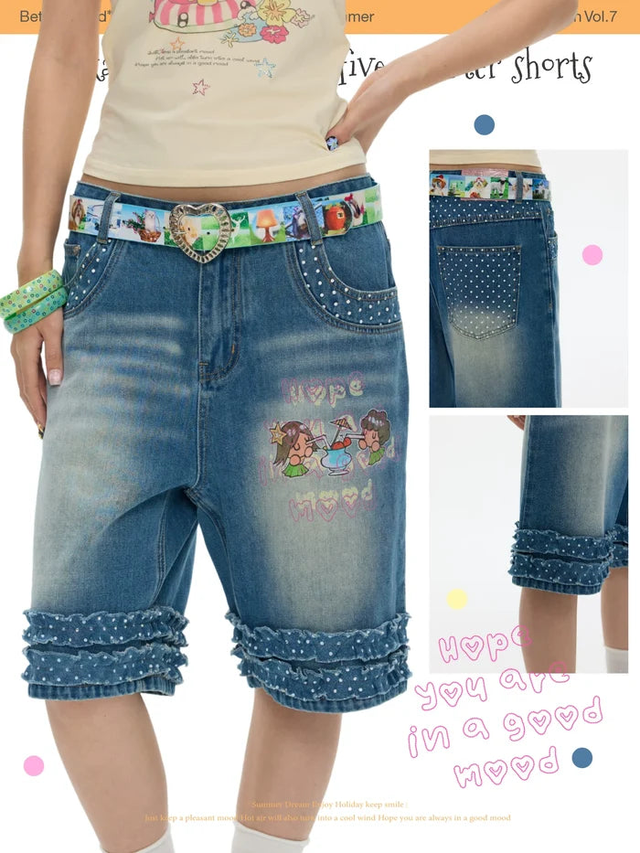 Polka dot lace denim five quarter short pants