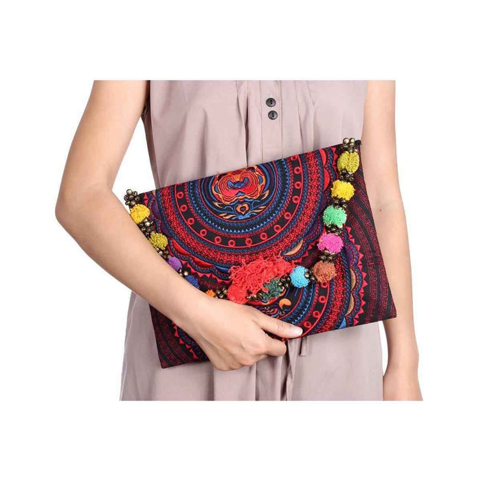 Pom Pom Embroidered Tribal Clutch | iPad Bag - Thailand