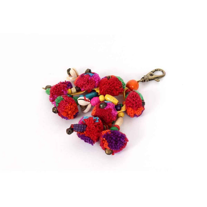 Pom Pom Zipper Pull with Wood Beads and Shells | Handmade Keychain | Thailand