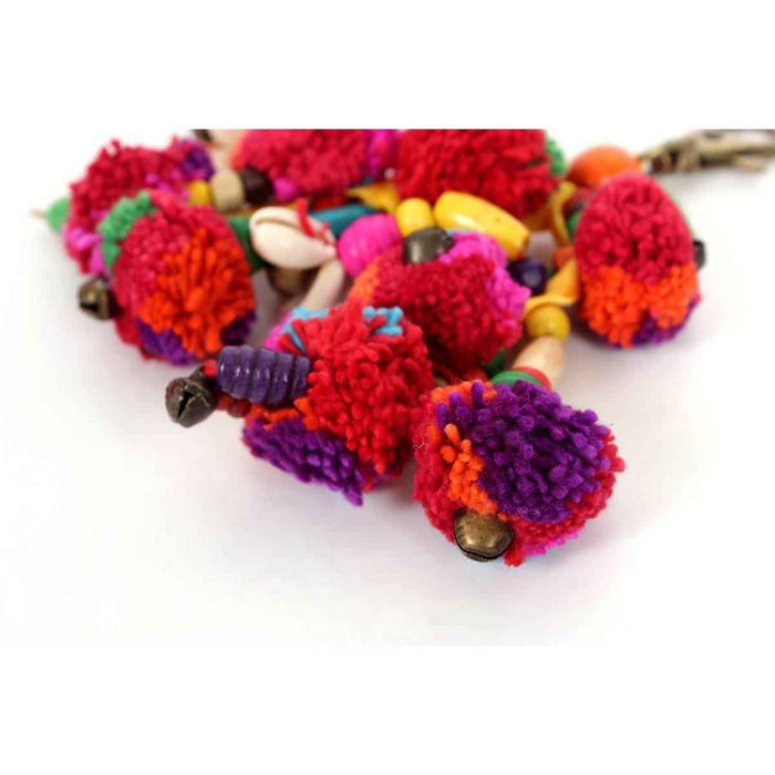 Pom Pom Zipper Pull with Wood Beads and Shells | Handmade Keychain | Thailand